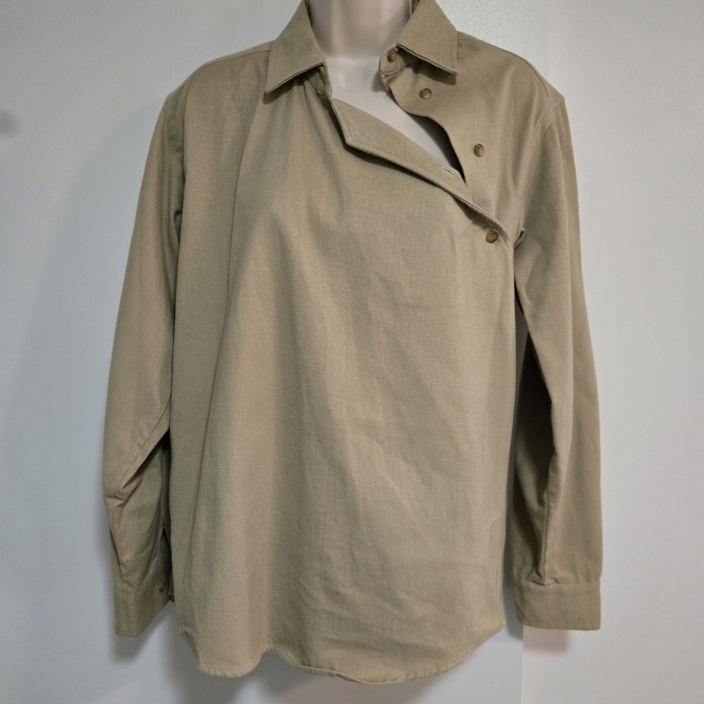 Bushwacker‎ Sz 8 Biege Brush Flannel Soft Asymmetrical Buttoned Pullover Blouse